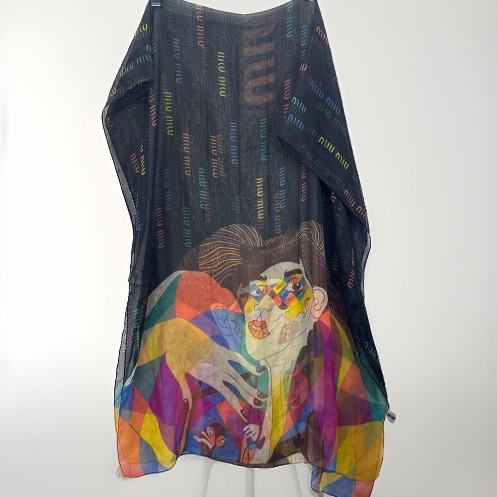 Vintage Miu Miu Scarf  Shawl Authentic Silk Rolled Edges Abstract Lady Harlequin